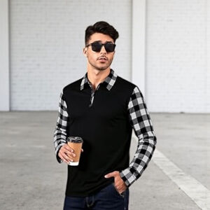 SHEIN Men's Medium Black Buffalo Plaid Long Sleeved Collared 1/4 Zip Fall Shirt